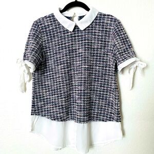 Misia woman’s faux 2 in one tweed blouse top M petter pan collar preppy feminine